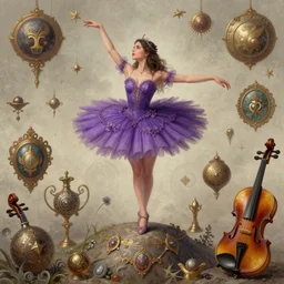 fantasy, standing on top of a violin, d & d, wearing purple romantic tutu, art by artgerm and greg rutkowski and magali villeneuve, illustration, brunette fairy woman stretching, highly detailed, trending on artstation, sharp focus, concept art, digital painting, intricate details, savannah artifacts
