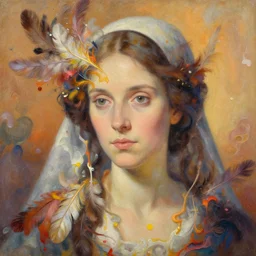 close - up portrait of florence nightingale by h hering with intricate detailed color smashing fluid oil paint and acrylic morphing into color feathers, melting wax, warm soft colours, abstract impressionism, ruan jia, fantasy, hyper detailed, concept art, by peter mohrbacher and studio ghibli