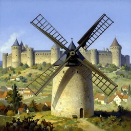 windmill, very long shot, medieval french landscape, carcassonne, city of carcassonne in the background, by stanley artgerm lau, wlop, rossdraws, frank frazetta, andrei riabovitchev, marc simonetti, tranding on artstation