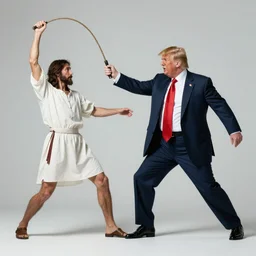 jesus beating donald trump with a whip, photo