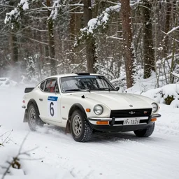 a 1 9 6 9 nissan fairlady z 4 3 2, racing through a rally stage in a snowy forest