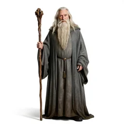 elderly wizard with long beard and staff, cinematic studio photo, full body, standing, isolated on a pure white background, centered, whole figure in frame, sharp focus, studio lighting