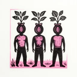 linocut figures of men growing plants with nutsacks on top, black on pink on white
