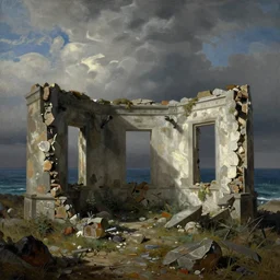 ruins by the sea, matte painted by gustav moreau, bob eggleton