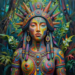 a sculpture of mythical totem, made of colorful style graffiti, intricate line work, beautiful woman's face emerging from jungle, in the style of james jean, visionary artist, shamanic art, concept art, award winning acrylic painting, ambient occlusion, digital art,