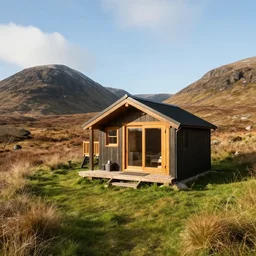 ultra wide angle photograph of cozy hygge cabin in scottish countryside mountains, idyllic, sunny, grass