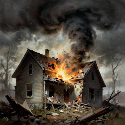 house being destroyed and blown away by tornado, frank frazetta, dramatic lighting