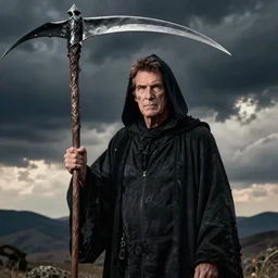 ultra realistic photograph of maury povich as grim reaper with scythe