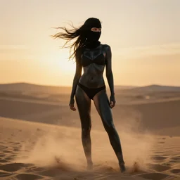 female balaclava photography portrait, desert wind, volumetric light, dust, wind, black underwear, bokeh, golden hour, black body paint, long exposure, full body, female body anatomy