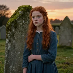 a well - lit, realistic portrait painting of a thoughtful girl resembling a young, shy, redheaded irish alicia vikander or millie bobby brown wearing peasant dress in moss - covered ancient stone cemetery at sunset, highly detailed, intricate, concept art, artstation, by donato giancola, ron cobb, and william adolphe bouguereau