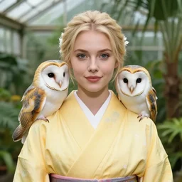 photo portrait of very pretty!!! woman!!!, wearing a yellow kimono!!, young blonde female.. symmetric face!. round detailed eyes!!, slight smile. ( ( ( ( ( very detailed barn owl on her shoulder ) ) ) ). in a tropical greenhouse. elegant, highly detailed, symmetry, smooth, sharp focus, aero ektar lens. bo