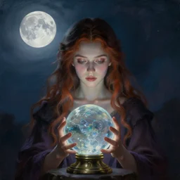 a beautiful young witch with a crystal ball, a moon in the sky above, painted by artgerm and tom bagshaw, fantasy art, dramatic lighting, highly detailed oil painting, volumetric lighting
