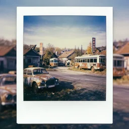 old polaroid of dilapidated fallout 5 europa, temperate european hamlet, desolate, dilapidated neon signs, few rusted retro futuristic vintage parked vehicles like cars, ( ( buses ) ), trucks, ( ( trams ) ), volumetric lighting, photorealistic!!!, daytime, autumn, sunny weather, sharp focus, ultra detailed!!!, 4 0 0 0 k