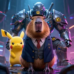 a capybara in a detective suit, pikachu, dystopia core, apocalyptic, armor, warrior, dramatic, sharp focus, fiction, neon, fantasy, hyper detailed, digital art, trending in artstation, cinematic lighting