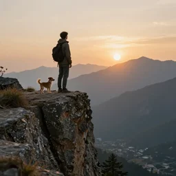 a fool in the begining of its journey near a precipice. little dog at his side. the sun and mountains in the background.