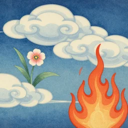 a japanese woodcut, clouds, flowers, fire