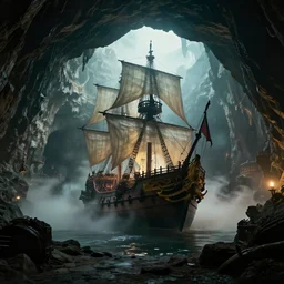 cinematic shot inside a pirates cavern with a giant ship at the center, light fog, trending on artstation, ambient light, 4 k