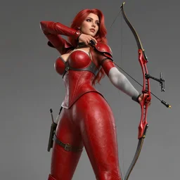 Female archer, dnd, d&d, leggins, red skintight leather armor, red hair, sensual, Low-Angle, visible face!, beautiful face!, D-cup, toned derriere, high fantasy, realistic!, extremely detailed, matte painting, by wlop and Frank Franzzeta, artstation, cgsociety