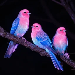 highly detailed realistic photo of pink and blue colored glowing birds sitting on tree at dark black night, vibrant colors, award winning masterpiece photography, hyper realistic, concept art, 8 k detail post - processing