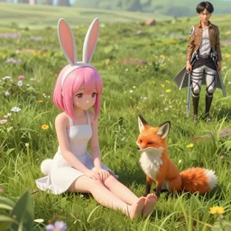 🐇👧🏽💞🦊👧🏻 sitting on field, made by ilya kuvshinov, made in abyss and artgem lau, inspired in made in abyss, attack on titan and balthus, anatomically correct, smooth, gelbooru, pixiv, unreal engine, realistic, sharp focus, octane render