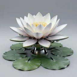 waterlily themed amphibious zeon mobile suit, top half is mecha nymphaea flower petals being robotic limbs, waterlily pads sculpted metal, by cyril rolando, by beeple. biomechanical, bandai box art, 8 k hd resolution, behance hd artstation. # power armor pistia playing waterlily pad tentacles, 8 k hd resolution