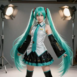 hatsune miku, unreal 5, hyperrealistic, realistic, photorealistic, dynamic lighting, highly detailed, cinematic landscape, studio landscape, studio lighting
