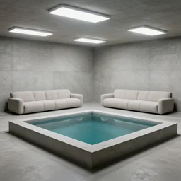 upholstered sofas fluorescent ceiling lighting rectangular water pond in a large minimalistic concrete room, a tilt shift photo by leandro erlich, featured on cg society, kitsch movement, hall of mirrors, high dynamic range, studio portrait