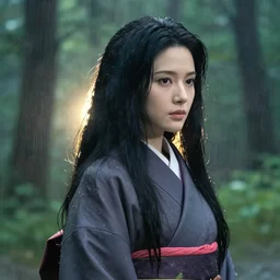 portrait bust of woman, forest background, long black hair, kimono, rain, mist, backlit, princess mononoke, 4 k, greg rutkowski, high detail, dramatic lighting, afternoon, hayao miyazaki, masashi ando, nizou yamamoto, kazuo oga, joe hisaishi, yoji takeshige, naoya tanaka