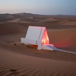 a building buried in a desert dune, surreal, neon lights, james turrel, minimalist architecture,