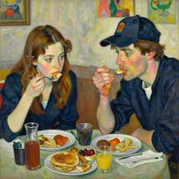 a painting of two people eating breakfast, one is female asa Butterfield mixed with pam beesly, the other is a man with brown hair wearing a baseball cap, the man is wearing a baseball cap, by egon schiele