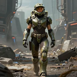 a female body builder walking in a cyberpunk wasteland facing the camera, mjolnir armor from halo infinite, no helmet!!!!, attractive female face!!!, enhance face ultra realistic, very highly detailed, 8K, horizon zero dawn, halo infinite, octane render, Digital painting, concept art, illustration, rule of thirds, sharp focus, centered, good value control, realistic shading,