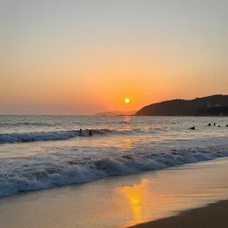 sunset on the beach with beautiful people bathing in the hughe waves