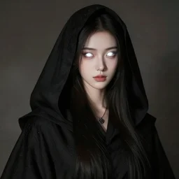 character design, black cloaked figure, white glowing eyes