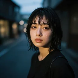 wide angle lens portrait woman face wet short depth of field contrast moody lighting slow shutter speed dark japanese vibes