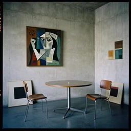 kodak portra 4 0 0, 8 k, wide flashlight shot of a highly detailed, britt marling style, award winning colour still - life portrait of a large brutalism bauhaus room with rough concrete walls, a square picasso painting, a 1 9 6 0 s table and chair, some square paintings