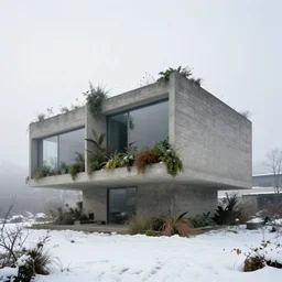 a brutalist architecture concrete house with overgrown plants. the house stands in a snowy landscape. photo of the entire house. designed by alejandro aravena. 1 6 mm lens, morning fog
