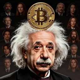 cell shaded front face head shot of einstein, bitcoin logo on top, concept art, llustration, concept art by josan gonzales and wlop, by james jean, victo ngai, david rubin, mike mignola, laurie greasley, highly detailed, sharp focus, logo trending on artstation, hq, deviantart, art by artgem