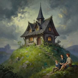 witchy cottage on a tall hill, hyper realistic painting by chiara bautista karl kopinski kim jung giu and weta studio, and lucasfilm and jesper ejsing and norman rockwell greg rutkowski frank frazzeta