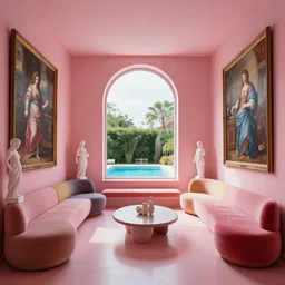 interior design of a pink modern lounge with renaissance paintings and sculptures plus a window overlooking a pool, creative windows and colorful couches, in the design of zaza hadid, sharp, hyper - detailed, 8 k resolution, good lighting