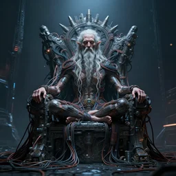 elder god, cyberpunk, meditating on throne made from cables