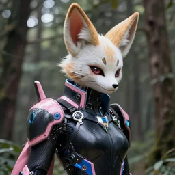 face portrait of a cyborg fennec fox assassin standing in the forest, in black carbon fiber pink and blue sci-fi armor, light coming off of the armor, tech wear, sci-fi, intricate, elegant, highly detailed, digital painting, artstation, concept art, sharp focus, illustration, trending on art station, dynamic lighting, cinematic, ultra detailed, fantasy concept art, 8k
