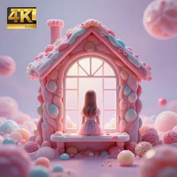 ( a house made of sweets has a window that overlooks other universes, a girl from the back looks through the window ) by noah bradley, photorealistic, dynamic lighting, beautiful, trending on artstation, wallpaper, dream, 4 k, award winning, lovely pastel colors, ethereal, elegant