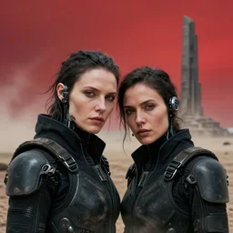 cinestill 5 0 d photographic portrait of two loving female androids wearing rugged black techwear on a desolate plain with a brutalist monument and a red sky, extreme closeup, cyberpunk style, dust storm, 8 k, hd, high resolution, 3 5 mm, f / 3 2, ultra realistic faces, ex machina