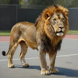 ultra realistic painting of an anatomically correct lion on a street basketball court, art by mark simonetti, 4 k, highly detailed, epic lighting