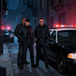 two mafia criminals meet late at night in a dark alley in new york, a black criminal car is parked next to them, police car lights, digital illustration, amazing detail, in the style of greg rutkowski