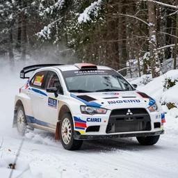 a 2 0 1 0 mitsubishi colt ralliart, racing through a rally stage in a snowy forest