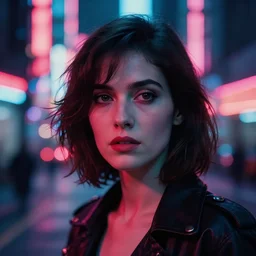 A hyper realistic and detailed head portrait photography of a Rachael of Blade Runner on a futuristic street. by Cameron Hammond. Neo noir style. Cinematic. neon lights glow in the background. Cinestill 800T film. Lens flare. Helios 44m