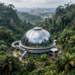 extreme wide shot a futuristic containment building in a rainforest valley with a city in the distance, national geographic, hyper realistic, 4 k, harsh light, artstation
