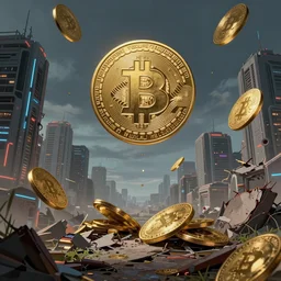crypto currency falling from the sky in a cyber city of ruins ; vivid sci - fi matte painting by thomas kinkade and greg rutkowski ; trending on artstation ; beautifully lit ; 8 k resolution ; unreal engine