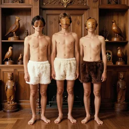 realistic photo of the family wearing fluffy shorts, faceless, no face, polished and fancy, standing in the wooden expensive interior room full of wooden bird idol sculptures 1 9 9 0, life magazine reportage photo